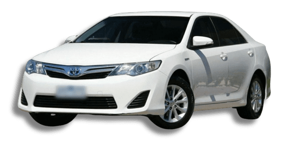 White Toyota Camry Hybrid 2012 sedan rental car in Brisbane – Fuel-efficient automatic hybrid, A$350 per week at MoCars