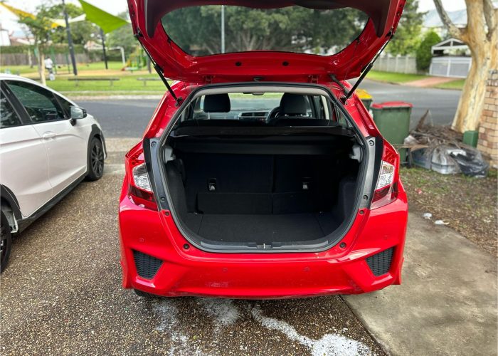 Honda Jazz 2017 rental Brisbane - red Jazz open trunk cargo space, Shalaby Group Mocars